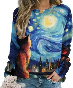 MARSVOVO Cat Sweatshirt for Women Casual Crew Neck Long Sleeve Pullover Tops Country Oil Painting Print Spring Sweatshirt