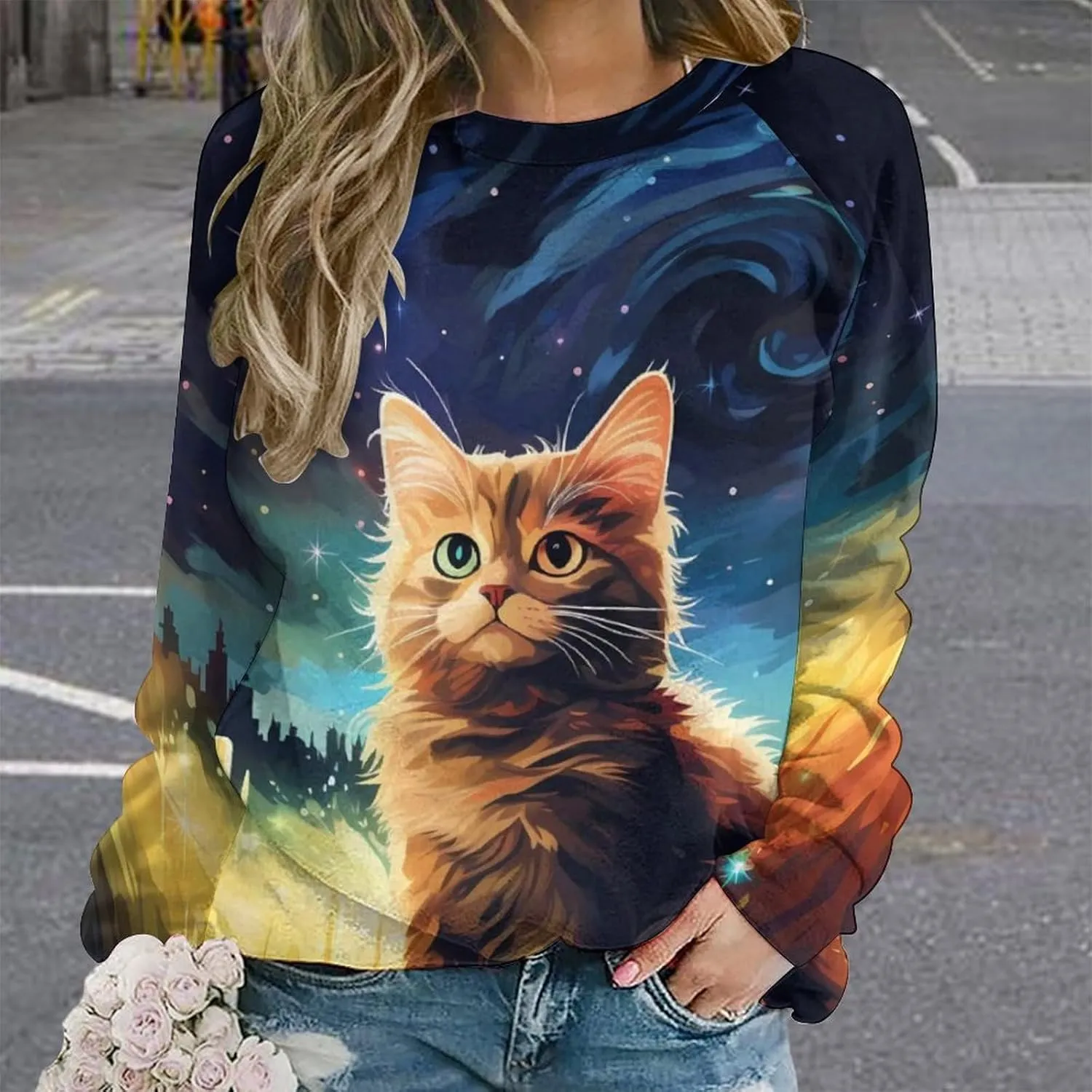 MARSVOVO Cat Sweatshirt for Women Casual Crew Neck Long Sleeve Pullover Tops Country Oil Painting Print Spring Sweatshirt