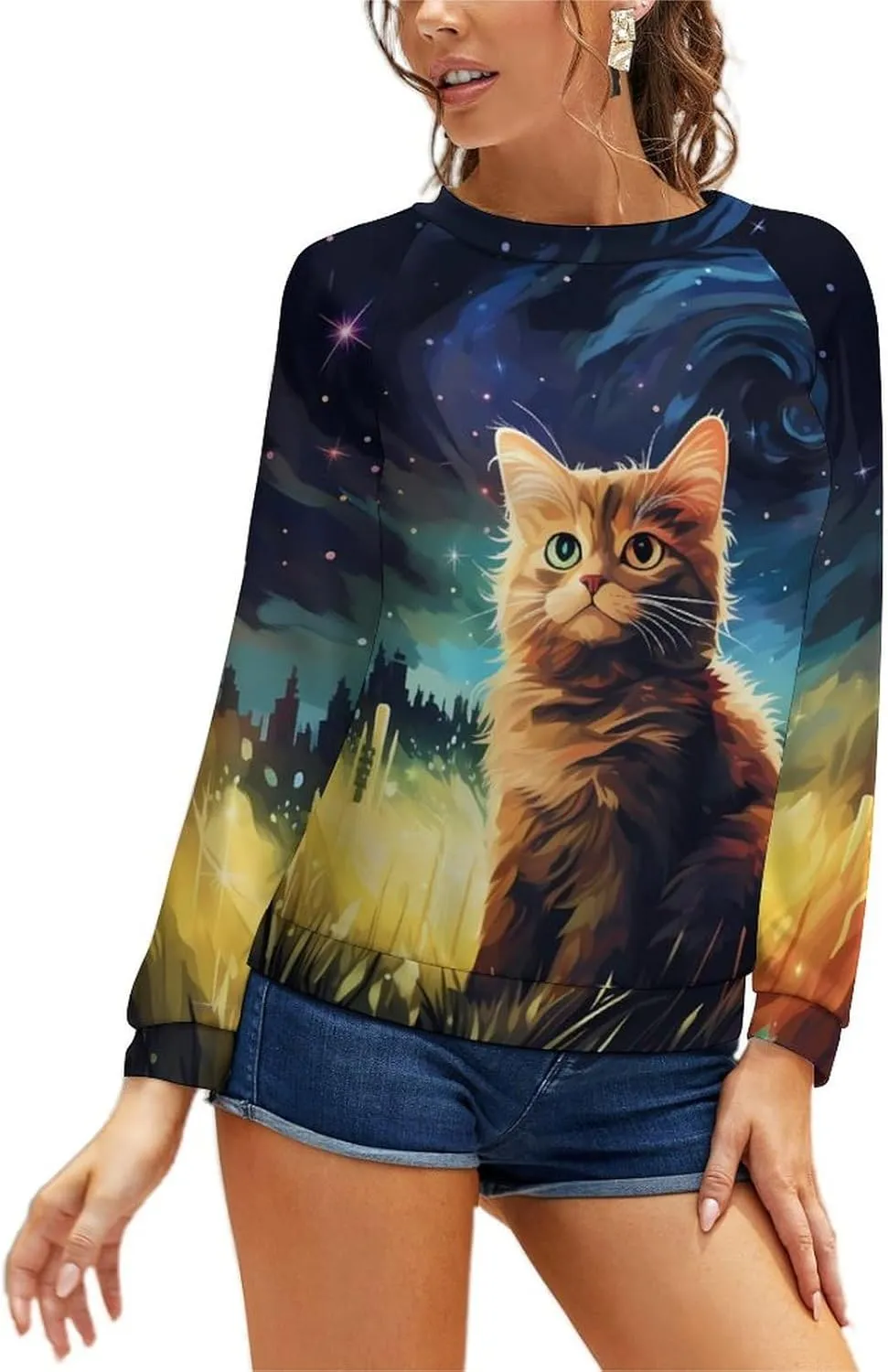 MARSVOVO Cat Sweatshirt for Women Casual Crew Neck Long Sleeve Pullover Tops Country Oil Painting Print Spring Sweatshirt