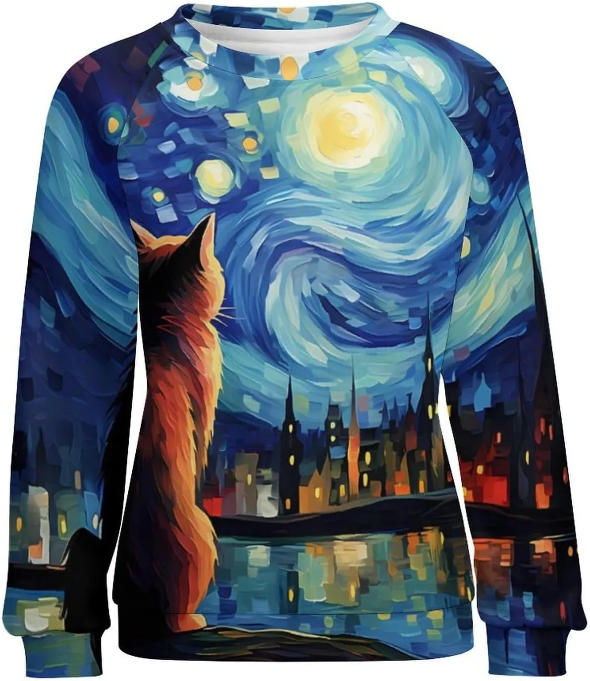 MARSVOVO Cat Sweatshirt for Women Casual Crew Neck Long Sleeve Pullover Tops Country Oil Painting Print Spring Sweatshirt