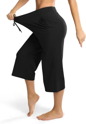 Maxbee Wide Leg Capri Pants for Women Loose Yoga Pants Drawstring Comfy Lounge Sweatpants with Pockets