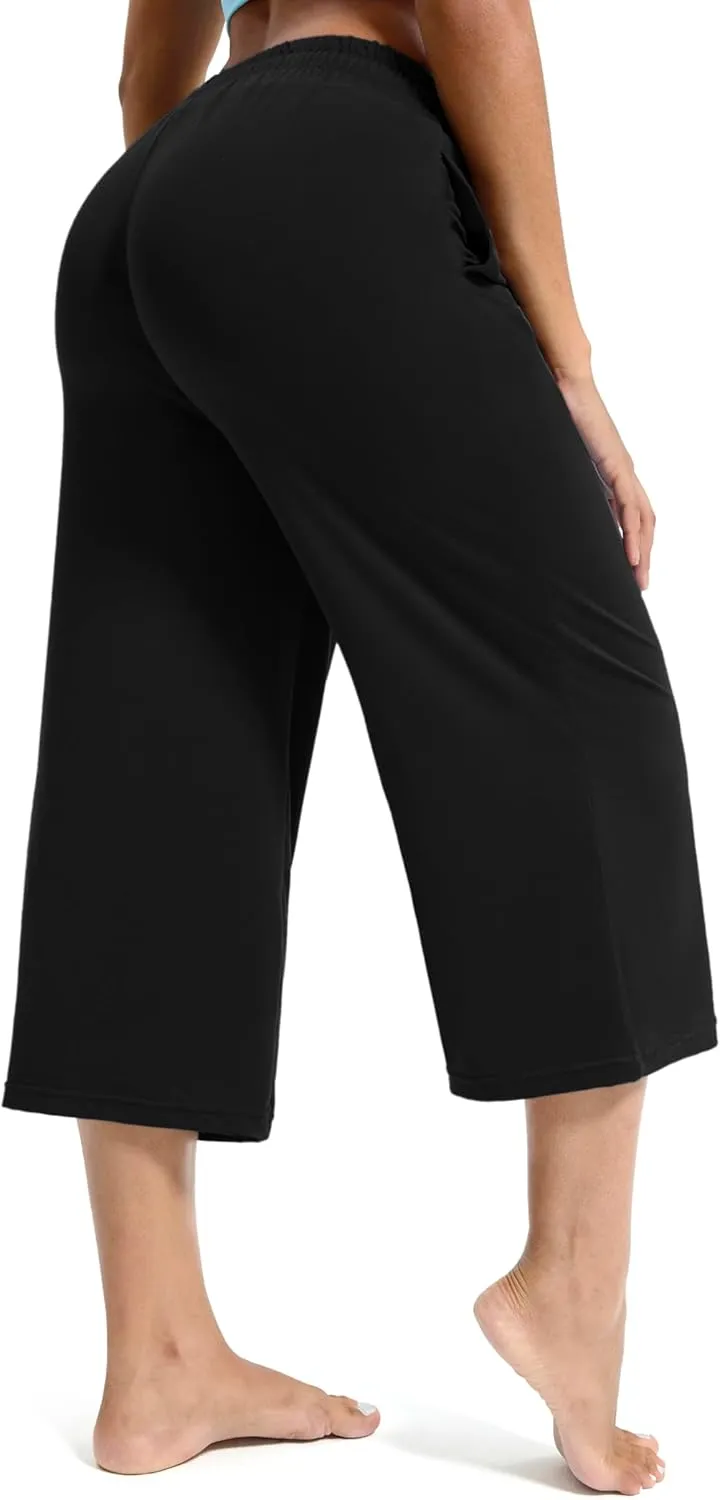 Maxbee Wide Leg Capri Pants for Women Loose Yoga Pants Drawstring Comfy Lounge Sweatpants with Pockets