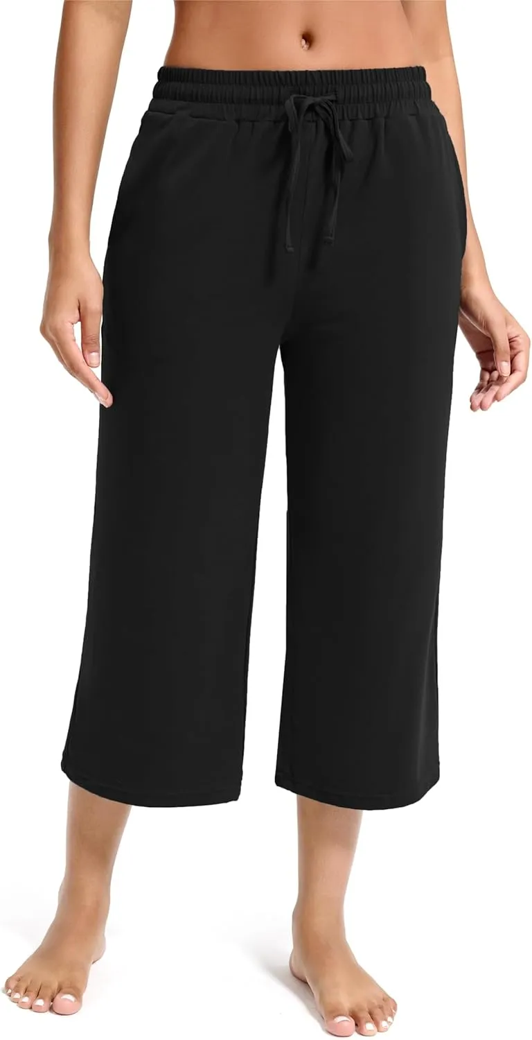 Maxbee Wide Leg Capri Pants for Women Loose Yoga Pants Drawstring Comfy Lounge Sweatpants with Pockets