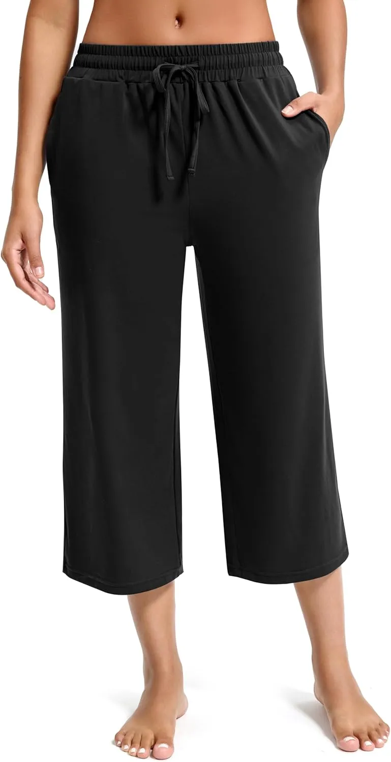 Maxbee Wide Leg Capri Pants for Women Loose Yoga Pants Drawstring Comfy Lounge Sweatpants with Pockets