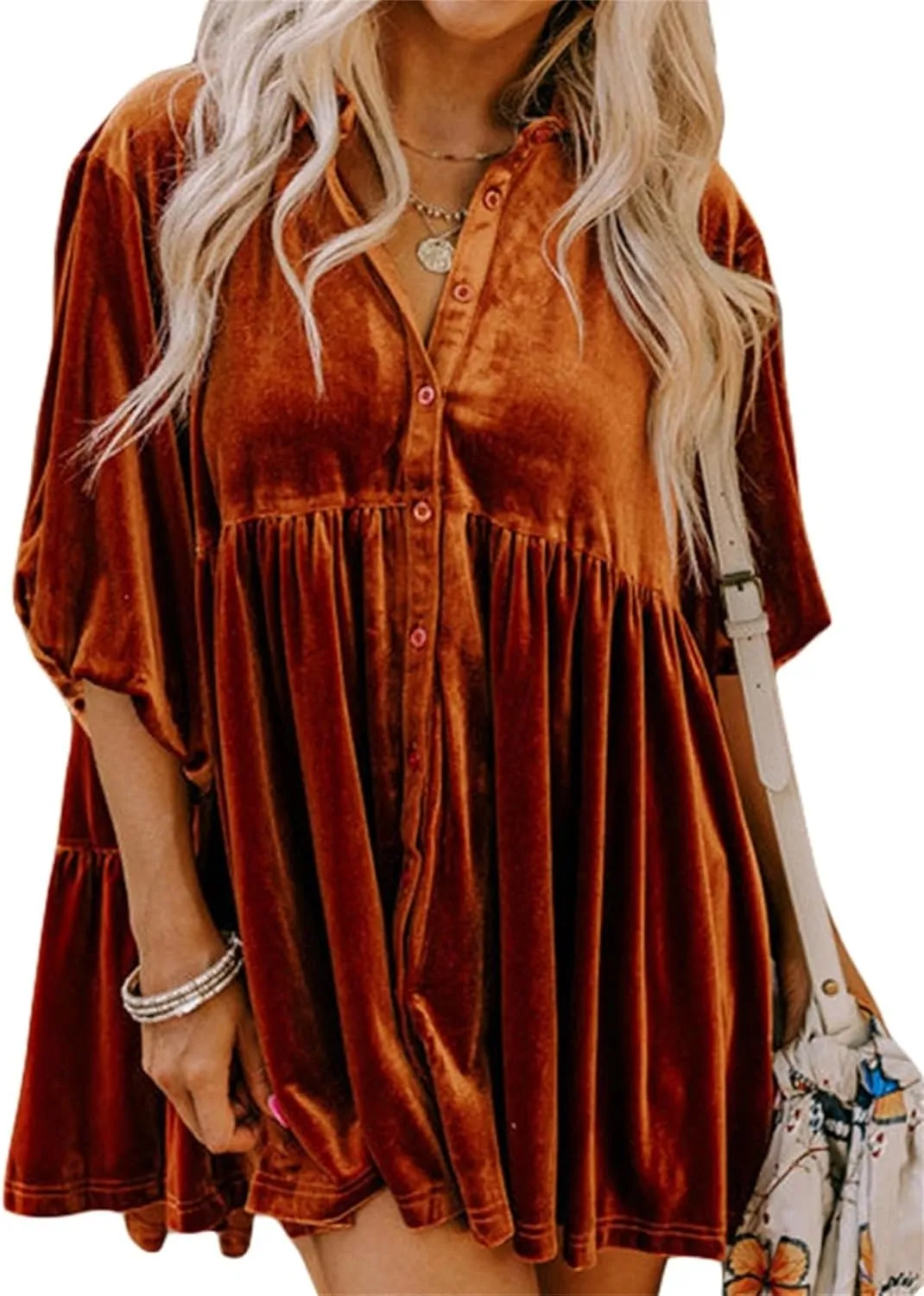 Melliflo Womens Velvet Dress Button Down T Shirt 3/4 Sleeve Tunic Tops Casual Lapel Babydoll Mini Dress