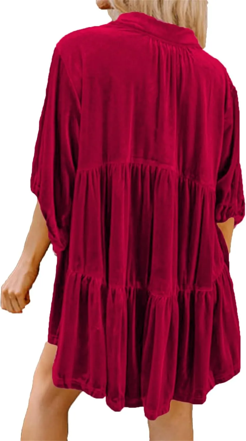 Melliflo Womens Velvet Dress Button Down T Shirt 3/4 Sleeve Tunic Tops Casual Lapel Babydoll Mini Dress