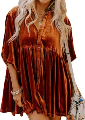 Melliflo Womens Velvet Dress Button Down T Shirt 3/4 Sleeve Tunic Tops Casual Lapel Babydoll Mini Dress