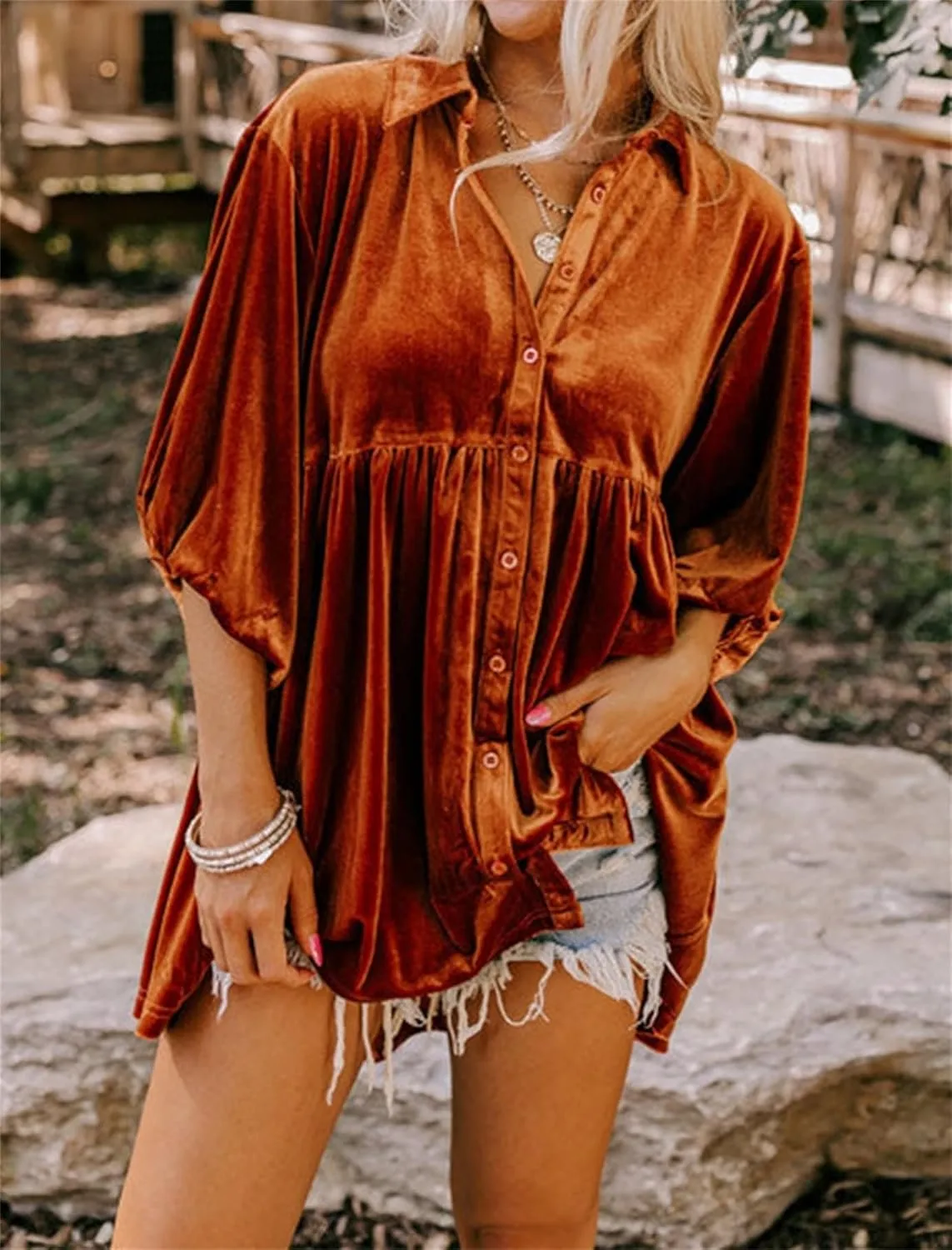 Melliflo Womens Velvet Dress Button Down T Shirt 3/4 Sleeve Tunic Tops Casual Lapel Babydoll Mini Dress