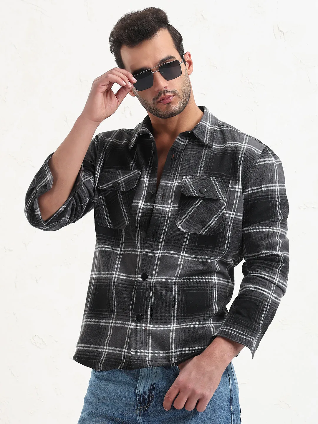 Men Grey Checked Slim Fit Shacket