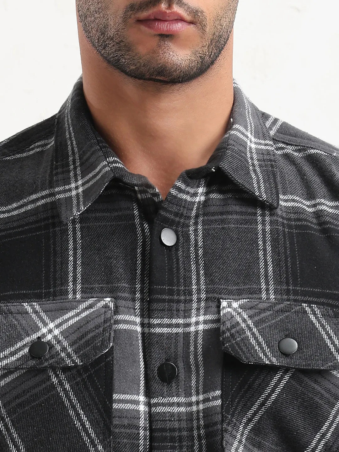Men Grey Checked Slim Fit Shacket