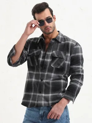 Men Grey Checked Slim Fit Shacket