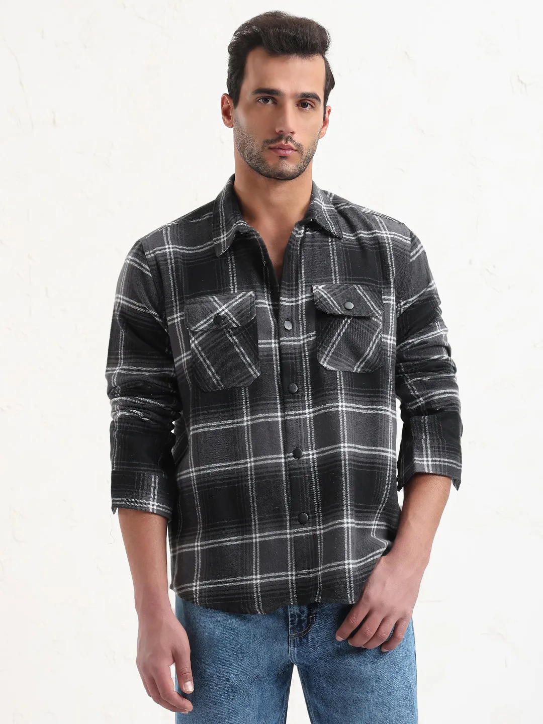 Men Grey Checked Slim Fit Shacket