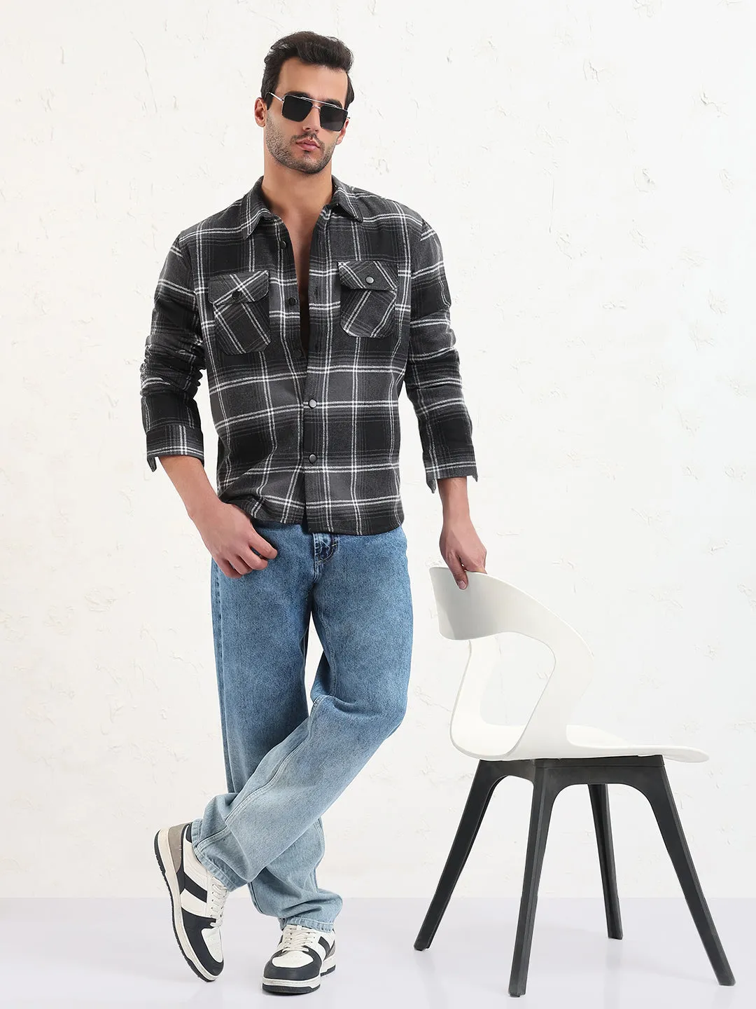 Men Grey Checked Slim Fit Shacket