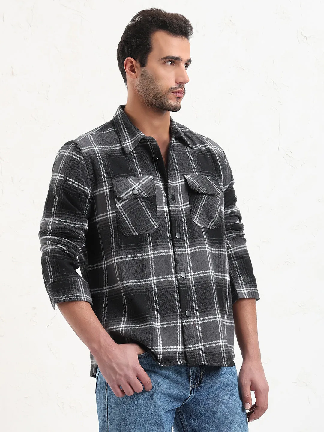 Men Grey Checked Slim Fit Shacket