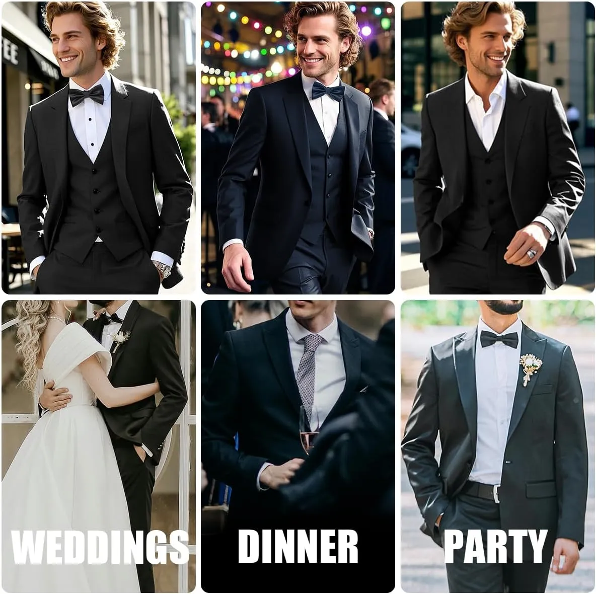 Men's 3-Piece Suit Slim Fit Suit Jacket Single Button Banquet Prom Wedding Suit Jacket Vest Pants and Bow Tie Set