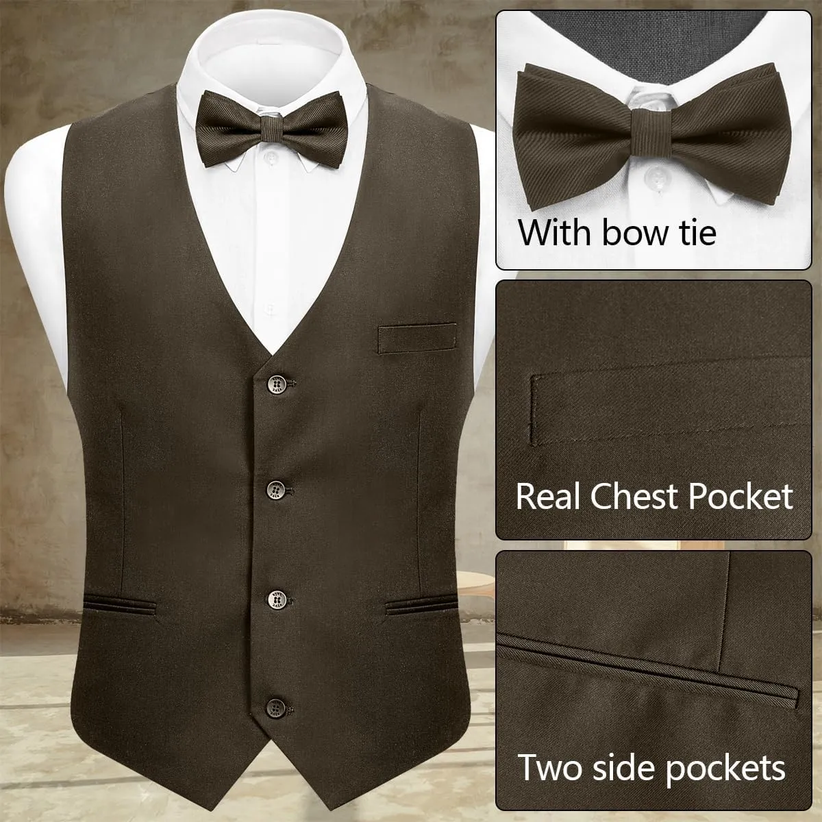 Men's 3-Piece Suit Slim Fit Suit Jacket Single Button Banquet Prom Wedding Suit Jacket Vest Pants and Bow Tie Set
