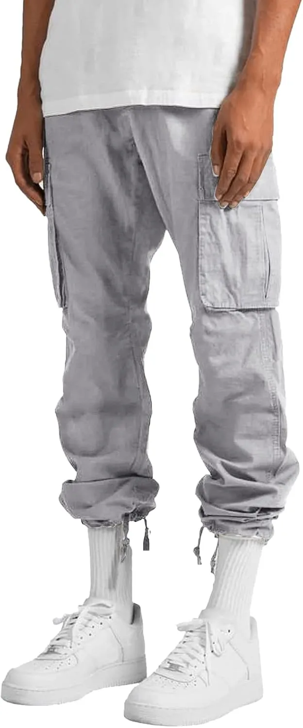 Mens Drawstring Cargo Pants Casual Solid Stretch Waist Sweatpants Athletic Running Tactical Trousers with Pockets