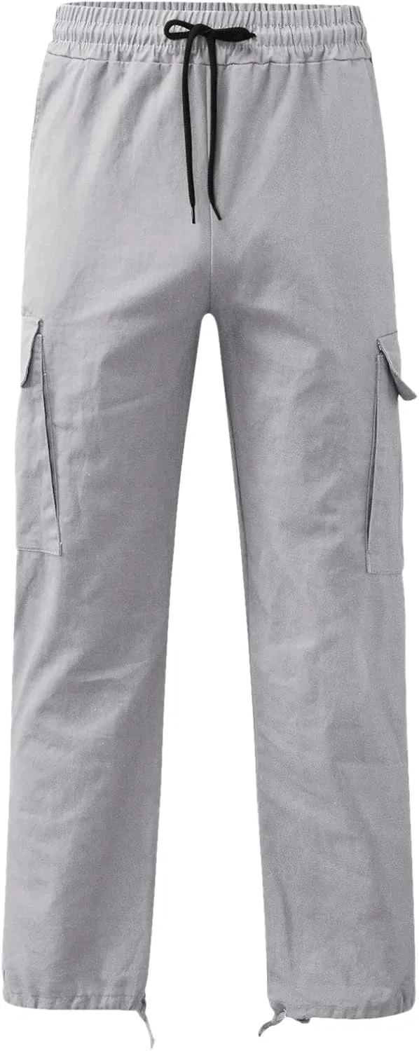 Mens Drawstring Cargo Pants Casual Solid Stretch Waist Sweatpants Athletic Running Tactical Trousers with Pockets