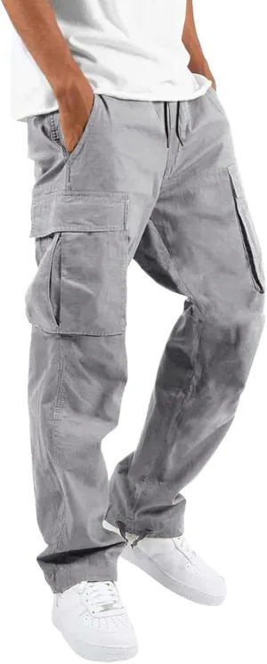 Mens Drawstring Cargo Pants Casual Solid Stretch Waist Sweatpants Athletic Running Tactical Trousers with Pockets