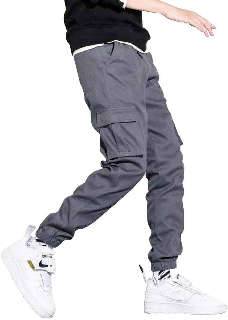 Men's Elastic Waist Multi-Pockets Cargo Jogger Pants Slim Fit Chino Trousers