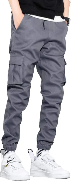 Men's Elastic Waist Multi-Pockets Cargo Jogger Pants Slim Fit Chino Trousers
