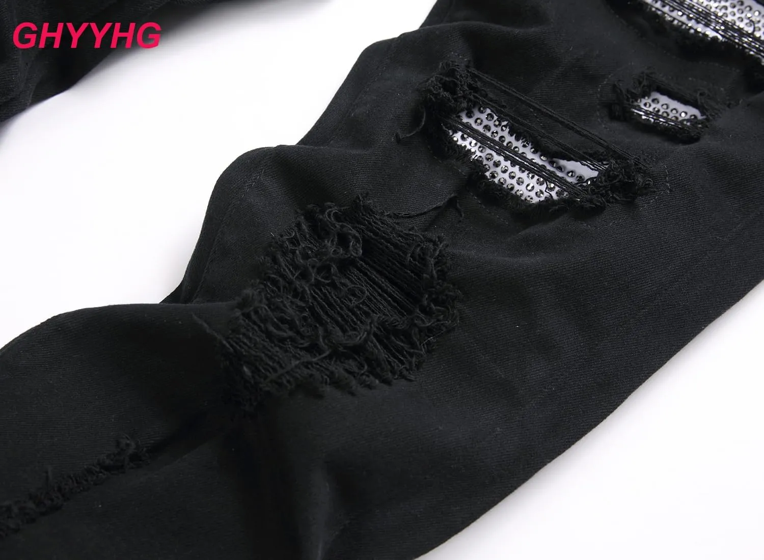 Men's Ripped Patch Elastic Jeans Fashion Slim Fit Regular Denim Pants
