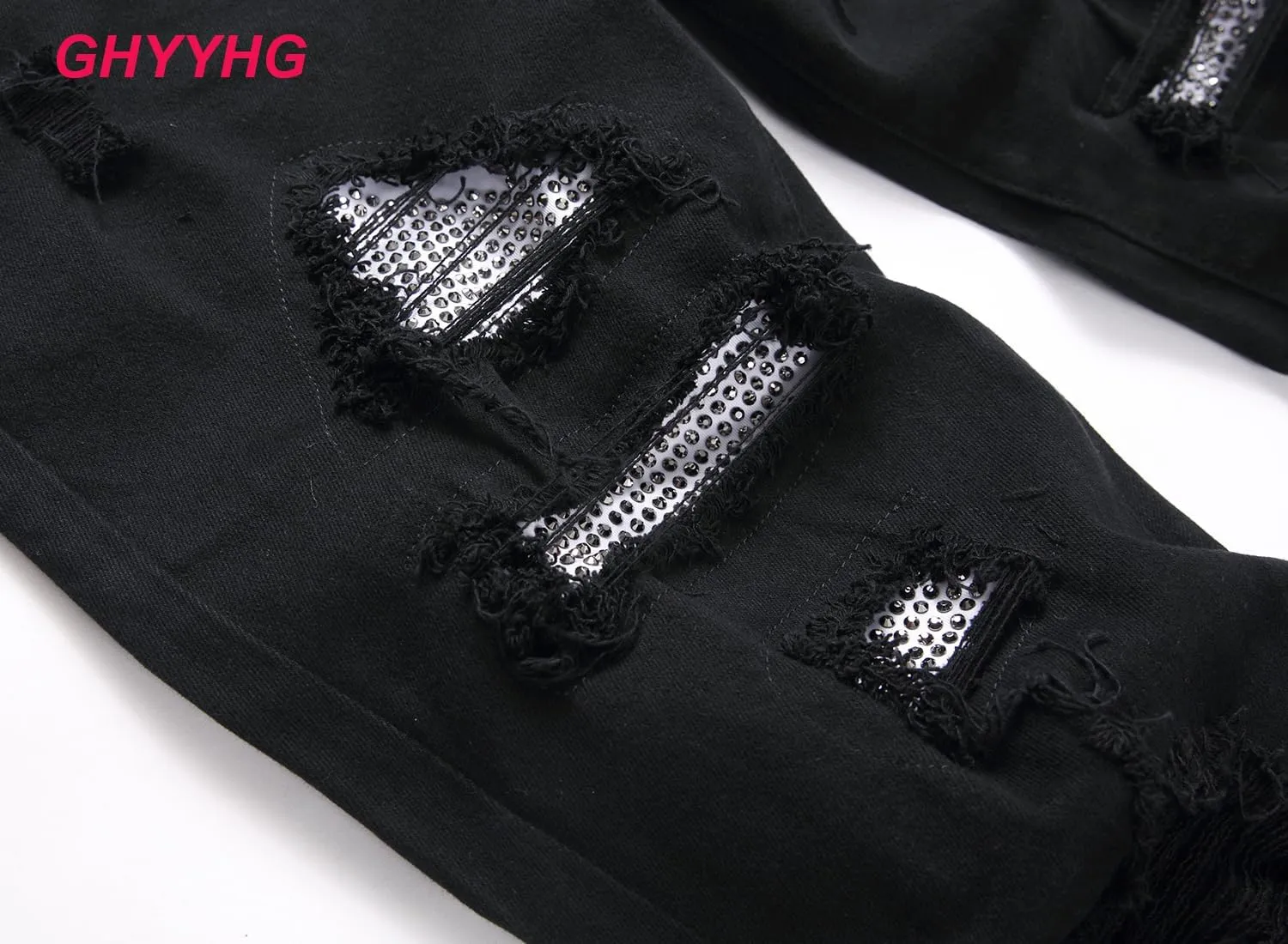 Men's Ripped Patch Elastic Jeans Fashion Slim Fit Regular Denim Pants