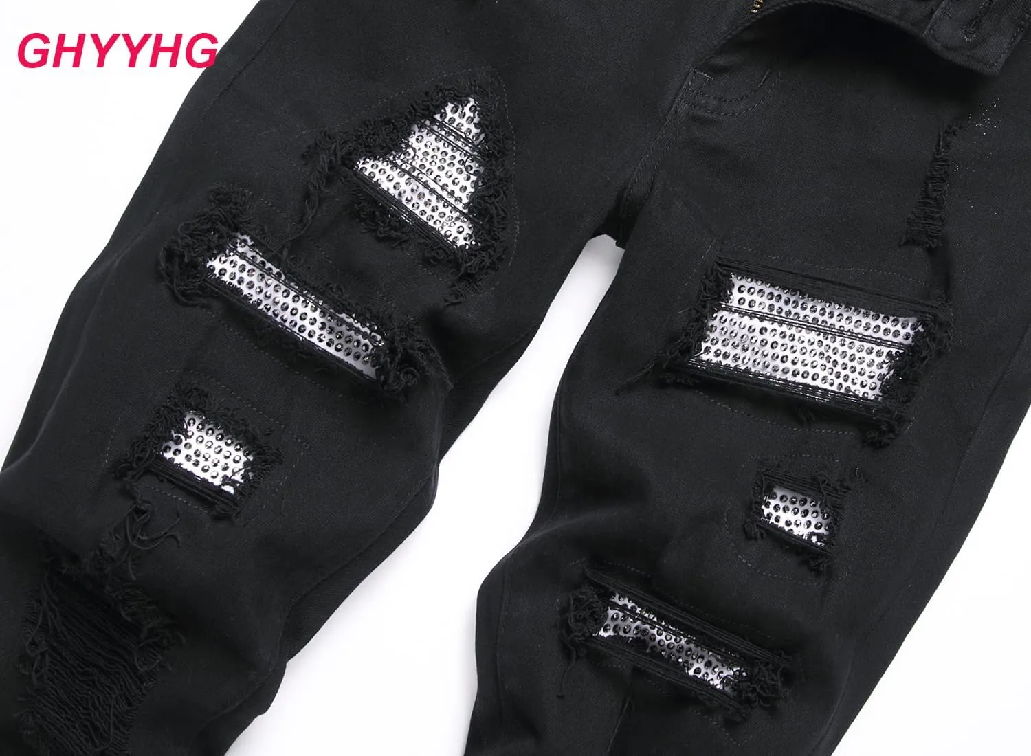 Men's Ripped Patch Elastic Jeans Fashion Slim Fit Regular Denim Pants