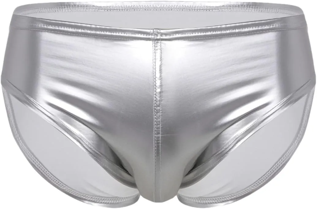 Men's Sexy Solid Color Patent Leather Briefs Low Waist Elastic Waistband Shorts Silver XXL