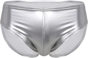 Men's Sexy Solid Color Patent Leather Briefs Low Waist Elastic Waistband Shorts Silver XXL