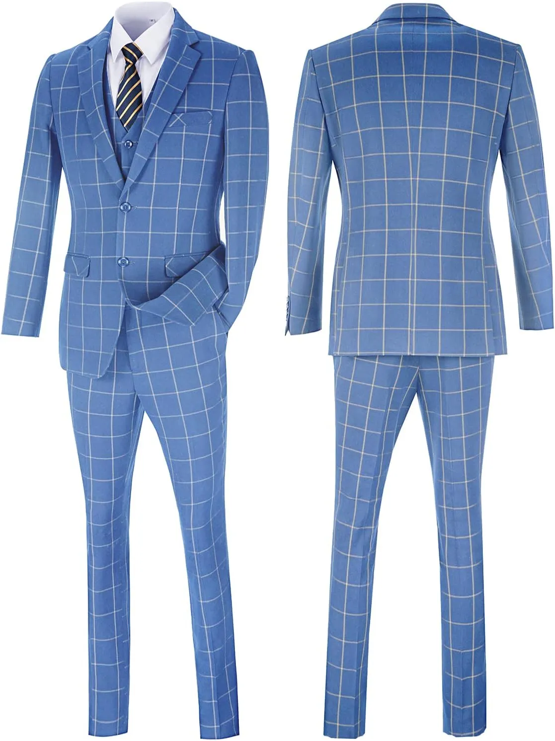 Mens Suit Plaid Slim Fit 3 Pieces Checked Casual Tuxedo Formal Suits for Men Wedding Business Party Blazer Vest Pants Set