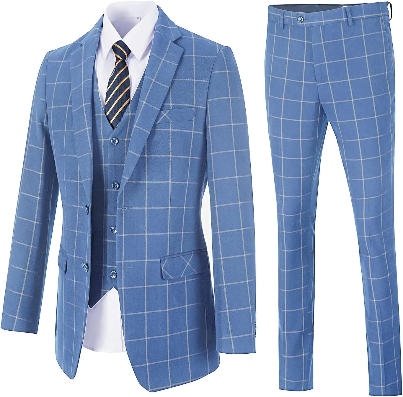 Mens Suit Plaid Slim Fit 3 Pieces Checked Casual Tuxedo Formal Suits for Men Wedding Business Party Blazer Vest Pants Set
