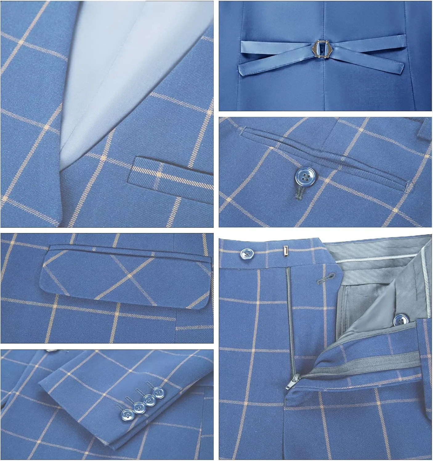 Mens Suit Plaid Slim Fit 3 Pieces Checked Casual Tuxedo Formal Suits for Men Wedding Business Party Blazer Vest Pants Set