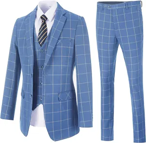Mens Suit Plaid Slim Fit 3 Pieces Checked Casual Tuxedo Formal Suits for Men Wedding Business Party Blazer Vest Pants Set