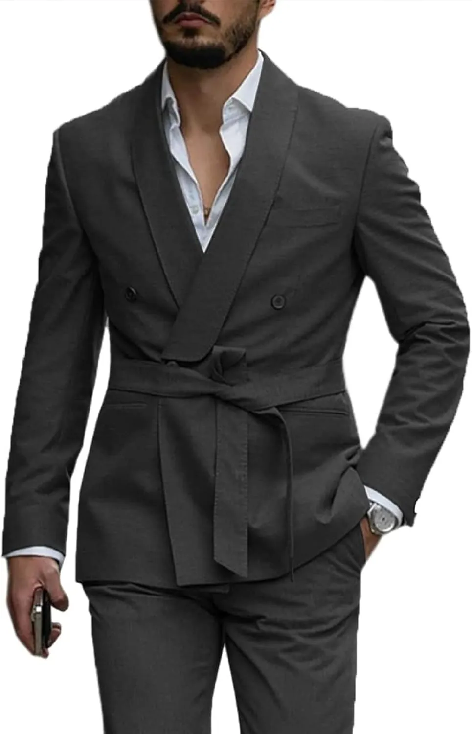 Mens Suits 2 PCS Slim Fit Shawl Lapel Solid Double Breasted Tuxedo w/Belt for Work Wedding Party