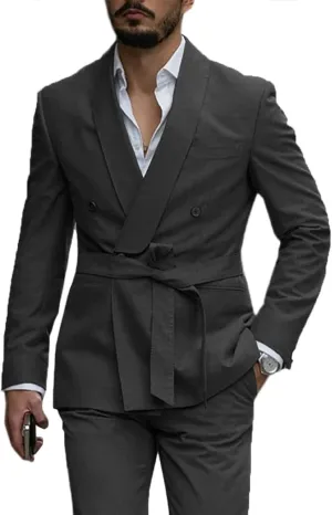 Mens Suits 2 PCS Slim Fit Shawl Lapel Solid Double Breasted Tuxedo w/Belt for Work Wedding Party