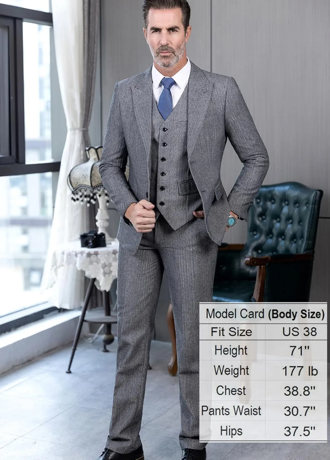 Mens Tweed Herringbone Wedding Suit Prom Tuxedos 3 Piece Peak Lapel Dress