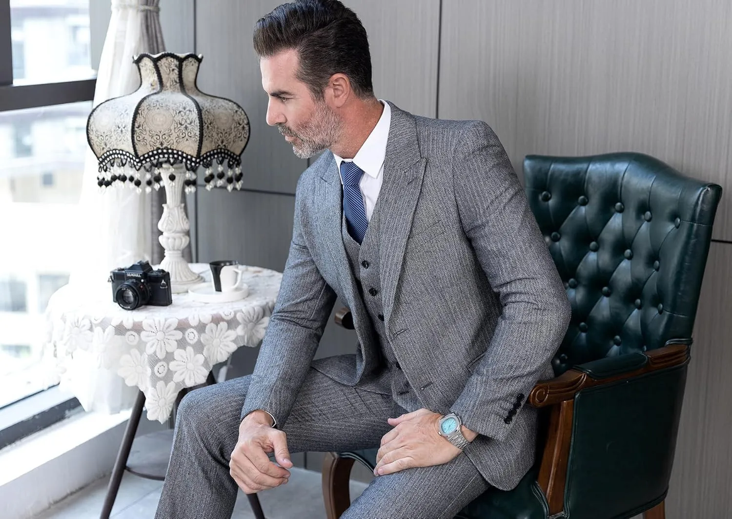 Mens Tweed Herringbone Wedding Suit Prom Tuxedos 3 Piece Peak Lapel Dress