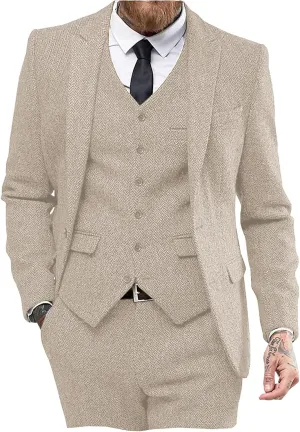 Mens Tweed Herringbone Wedding Suit Prom Tuxedos 3 Piece Peak Lapel Dress