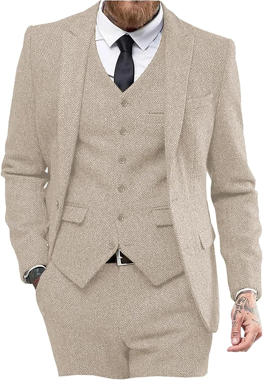 Mens Tweed Herringbone Wedding Suit Prom Tuxedos 3 Piece Peak Lapel Dress