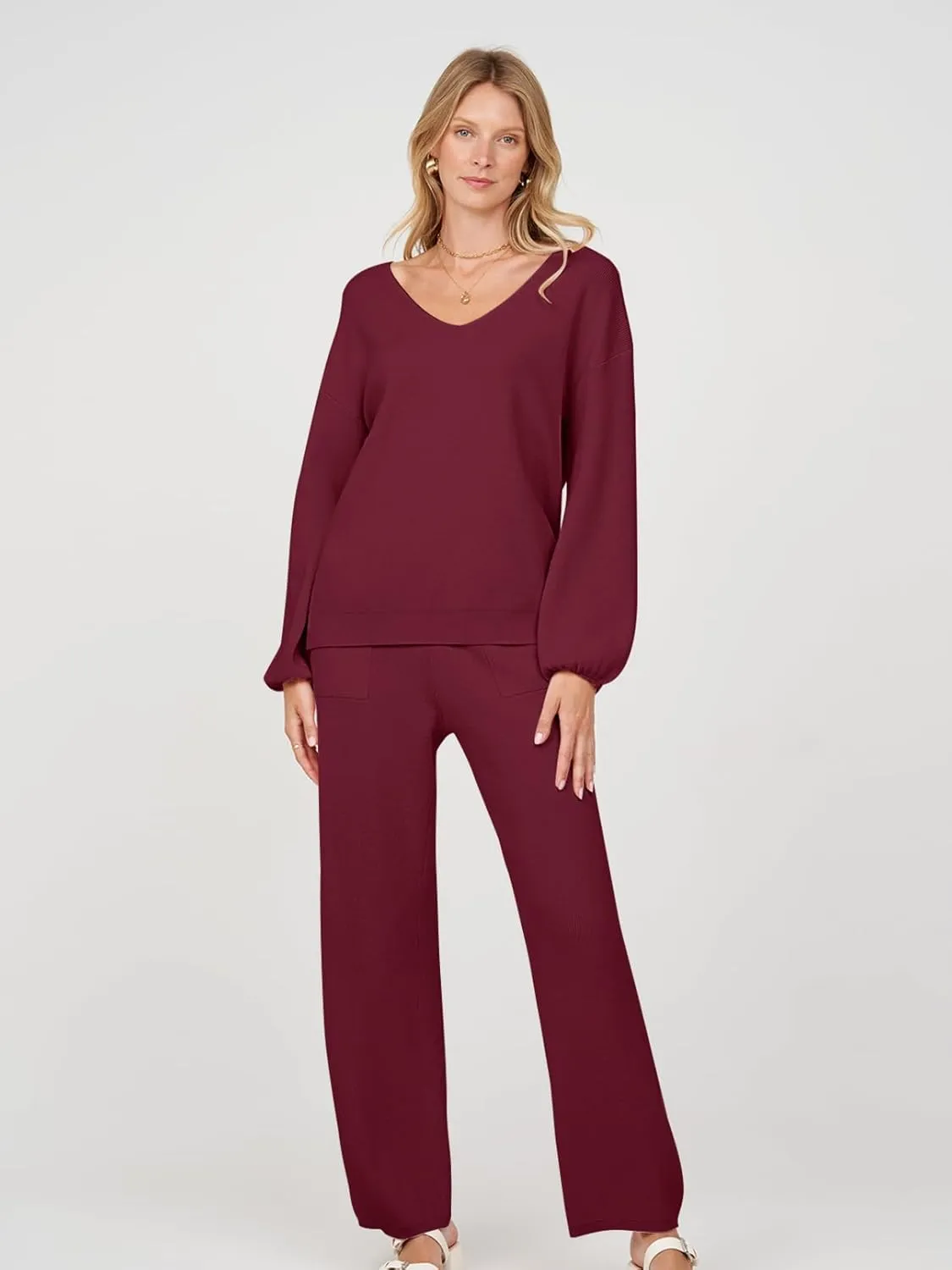 MEROKEETY Women's 2 Piece Outfits Long Sleeve V Neck Knit Pullover Tops and Wide Leg Pant Lounge Set