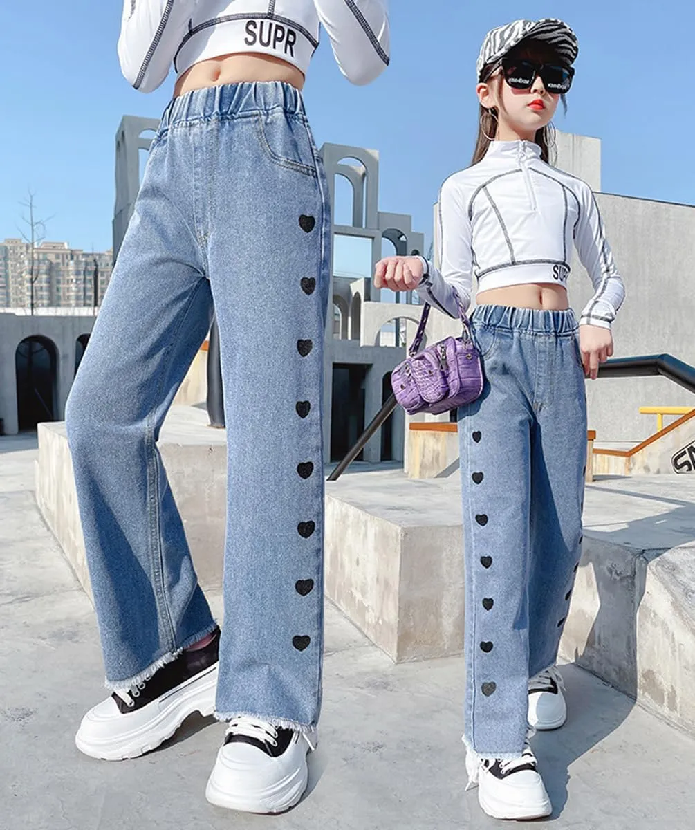 NABER Kids Girls Casual Baggy Wide Leg Denim Pants Elastic Waist Casual Jeans Age 5-14