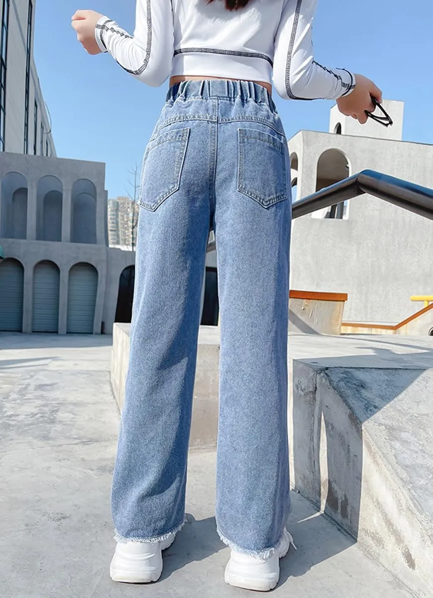 NABER Kids Girls Casual Baggy Wide Leg Denim Pants Elastic Waist Casual Jeans Age 5-14