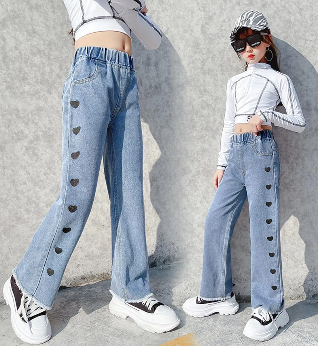 NABER Kids Girls Casual Baggy Wide Leg Denim Pants Elastic Waist Casual Jeans Age 5-14