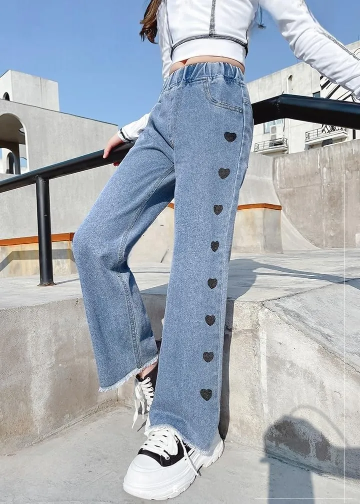 NABER Kids Girls Casual Baggy Wide Leg Denim Pants Elastic Waist Casual Jeans Age 5-14