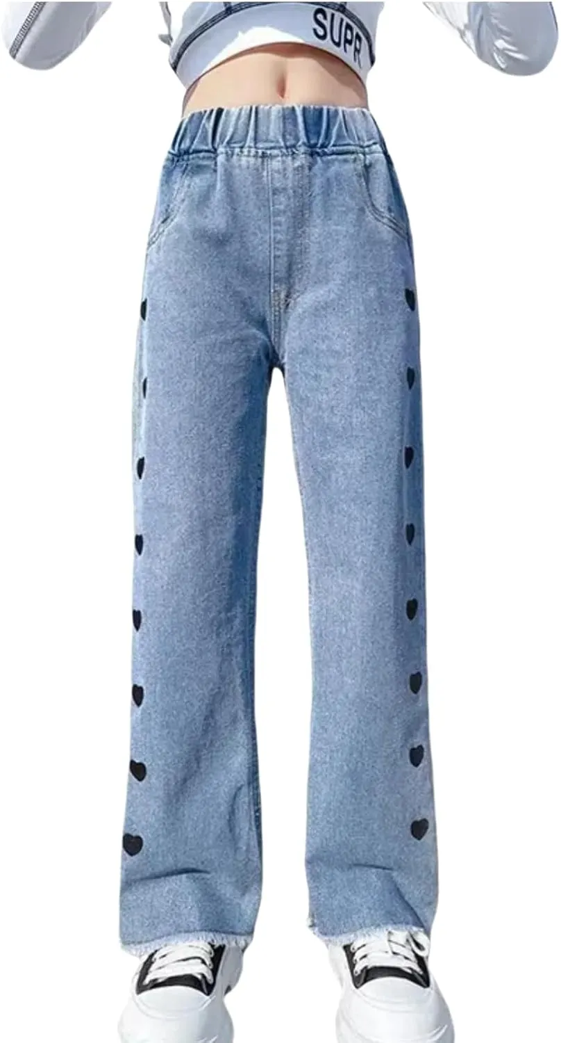 NABER Kids Girls Casual Baggy Wide Leg Denim Pants Elastic Waist Casual Jeans Age 5-14