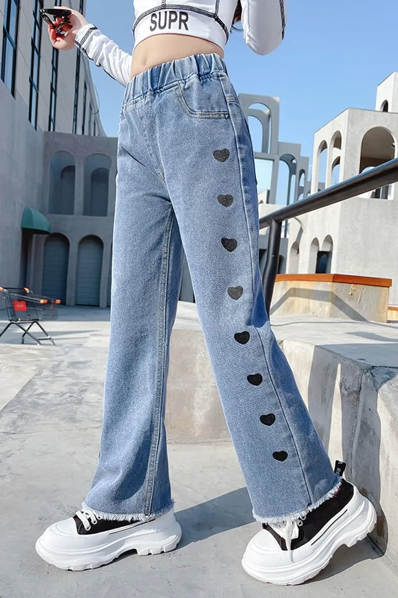 NABER Kids Girls Casual Baggy Wide Leg Denim Pants Elastic Waist Casual Jeans Age 5-14