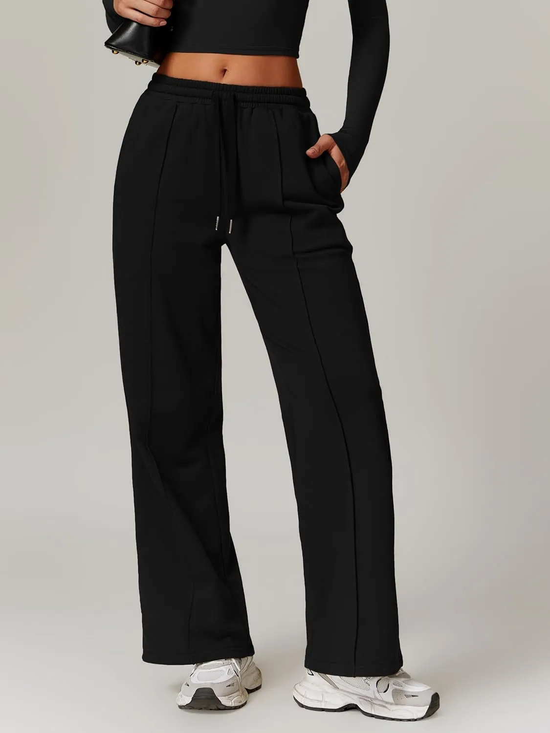 ODIZLI Women's Drawstring Straight Leg Sweatpants with Pockets Wide Leg Jogger Active Pants Lounge Trousers High Waist