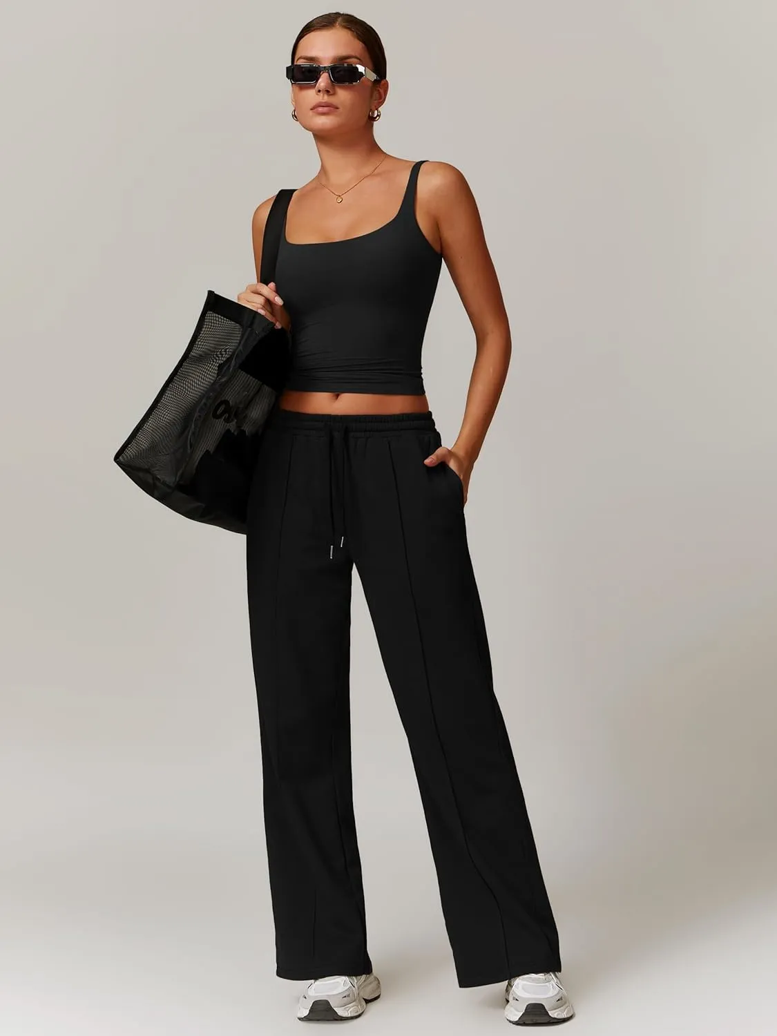 ODIZLI Women's Drawstring Straight Leg Sweatpants with Pockets Wide Leg Jogger Active Pants Lounge Trousers High Waist