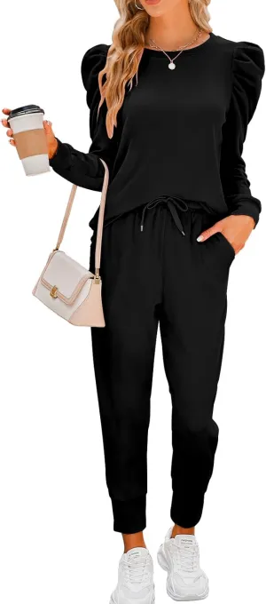 Onedreamer Sweatsuits for Women 2 Piece Outfits Puff Long Sleeve Crewneck Pullover Sweatshirt Jogger Lounge Sets